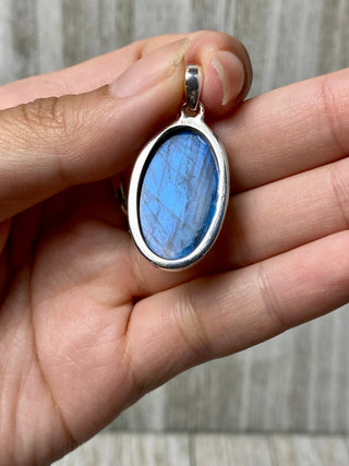 Blue Flash Labradorite in Sterling Silver Pendant from Curious Muse Crystals Tagged with big crystal necklace, blue, blue crystal jewelry, blue labradorite, crystal energy, Crystal Jewelry, full flash lab, Labradorite, Pendant, reiki healing, silver crystal jewel, Sterling, sterling silver
