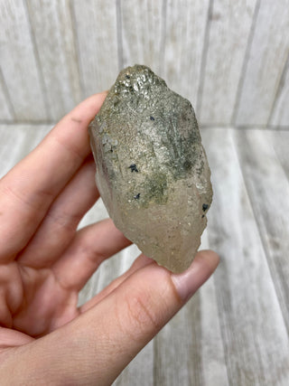 Nirvana Quartz Self Healed Double Termination with Green Chlorite | High-Altitude Himalayan Crystal from Curious Muse Crystals Tagged with chlorite inclusion, clear, green, green Quartz, hand mined crystal, hide-notify-btn, high altitude quartz, High vibration stone, Himalayan Quartz, manifesting Quartz, Nirvana Quartz