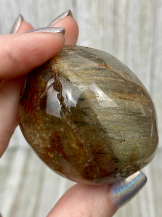 Rutile Inclusion Quartz Polished Free Form with Amphibole Phantoms from Curious Muse Crystals Tagged with clear, clear brazil quartz, crystal energy, crystal lens, genuine crystal, hide-notify-btn, polished, quartz, reiki crystal, reiki healing, rutile