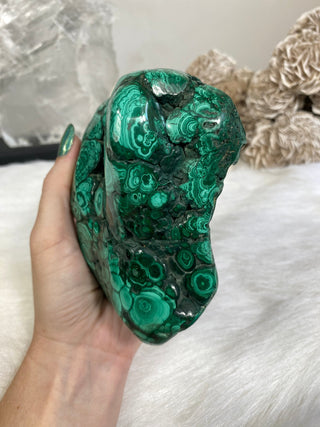 Malachite Polished Large Chunk from Curious Muse Crystals Tagged with copper stone, Crystal healing, dark green stone, genuine crystal, green, hearth chakra, malachite, malachite polished, manifestation, mineral collection, natural mineral, polished, prosperity wealth, reiki healing, tumbled stone