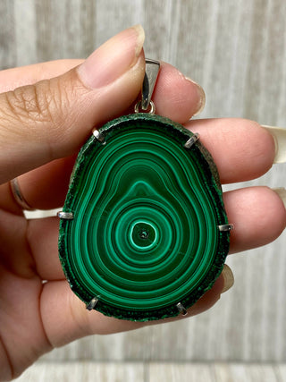 Malachite Slice in Sterling Silver Pendant from Curious Muse Crystals Tagged with copper malachite, green, hide-notify-btn, malachite, necklace, Pendant, sterling silver