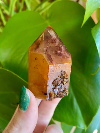 Dreamcoat Lemurian Generator - Semi-Polished Brazilian Tower Crystal from Curious Muse Crystals Tagged with clear, clear brazil quartz, dreamcoat lemurian, goethite rutile, hematite amethyst, hide-notify-btn, lemurian, lemurian generator, lemurian seed, purple, red, secondary growth, super seven, synergy seven, yellow