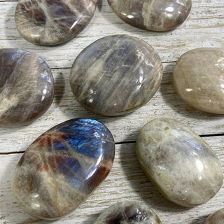 Moonstone with Sunstone Flashy Palm Stone from Curious Muse Crystals Tagged with blue, Feldspar, moonstone, orange, orthoclase, orthoclase feldspar, palm stone, palmstone, silver, sunstone