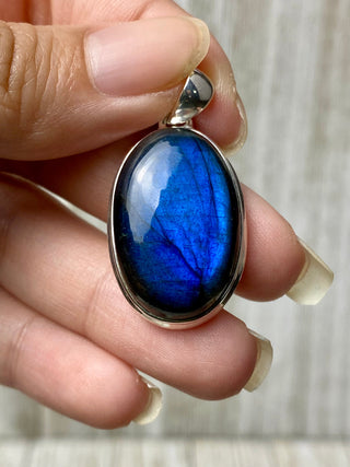 Blue Flash Labradorite in Sterling Silver Pendant from Curious Muse Crystals Tagged with big crystal necklace, blue, blue crystal jewelry, blue labradorite, crystal energy, Crystal Jewelry, full flash lab, Labradorite, Pendant, reiki healing, silver crystal jewel, Sterling, sterling silver