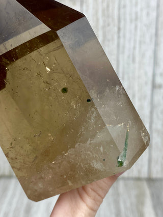 Citrine Tower from Brazil with Green Tourmaline | Polished Crystal Obelisk from Curious Muse Crystals Tagged with brazil, citrine, Crystal healing, genuine crystal, natural citrine, solar plexus chakra, tower, yellow