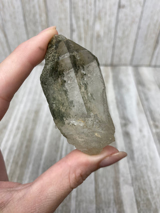 Nirvana Quartz Self Healed Double Termination with Green Chlorite | High-Altitude Himalayan Crystal from Curious Muse Crystals Tagged with chlorite inclusion, clear, green, green Quartz, hand mined crystal, hide-notify-btn, high altitude quartz, High vibration stone, Himalayan Quartz, manifesting Quartz, Nirvana Quartz
