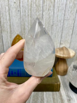 Girasol Quartz Flame | Smoky Gray Layering from Curious Muse Crystals Tagged with brazil, carving, clear, clear quartz, crystal, flame, girasol, hide-notify-btn, pink, polished, quartz, tower