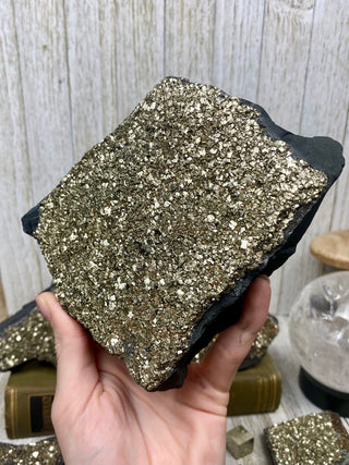 Pyrite on Shungite Raw Layered Plate | Brazil from Curious Muse Crystals Tagged with abundance, black, brazil, cleansing, gold, manifestation, purification, pyrite, shungite