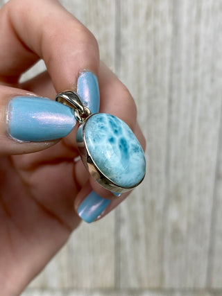 Larimar in Sterling Silver Pendant from Curious Muse Crystals Tagged with blue, crystal healing, Crystal Jewelry, energy work, hide-notify-btn, larimar, Sterling, sterling silver