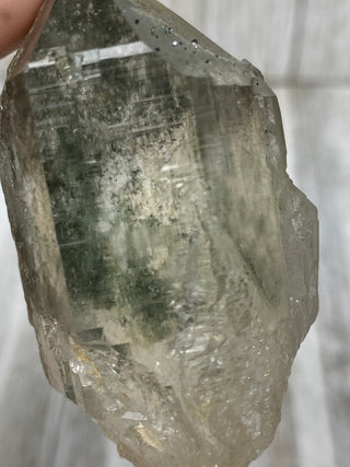 Nirvana Quartz Self Healed Double Termination with Green Chlorite | High-Altitude Himalayan Crystal from Curious Muse Crystals Tagged with chlorite inclusion, clear, green, green Quartz, hand mined crystal, hide-notify-btn, high altitude quartz, High vibration stone, Himalayan Quartz, manifesting Quartz, Nirvana Quartz