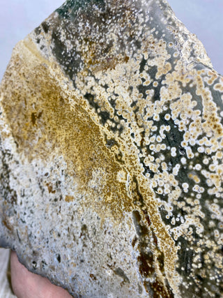 Ocean Jasper Slab | Pastel & Bubbly from Curious Muse Crystals Tagged with Crystal healing, drusy pocket, hide-notify-btn, jasper, Madagascar mineral, mineral collection, natural mineral, ocean jasper, Orbicular jasper, peace and calming, purple, reiki healing, slab, white