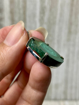 Malachite Slice in Sterling Silver Pendant from Curious Muse Crystals Tagged with copper malachite, green, hide-notify-btn, malachite, necklace, Pendant, sterling silver