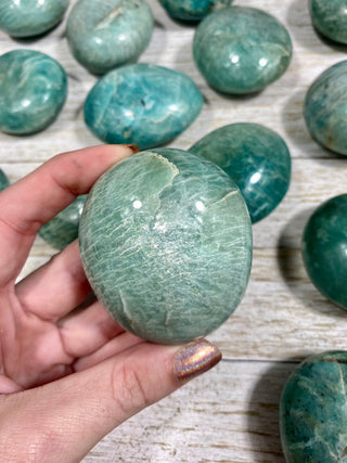 Amazonite Palm Stone from Curious Muse Crystals Tagged with amazonite, blue, carving, crystal, green, palm stone, palmstone, polished