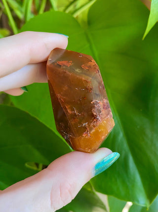 Dreamcoat Lemurian Generator - Polished Brazilian Tower Crystal from Curious Muse Crystals Tagged with clear, clear brazil quartz, dreamcoat lemurian, goethite rutile, hematite amethyst, hide-notify-btn, lemurian, lemurian generator, lemurian seed, polished, purple, red, secondary growth, super seven, synergy seven, tower, yellow