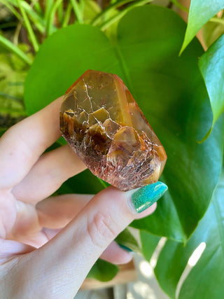 Dreamcoat Lemurian Generator - Polished Brazilian Tower Crystal from Curious Muse Crystals Tagged with clear, clear brazil quartz, dreamcoat lemurian, goethite rutile, hematite amethyst, hide-notify-btn, lemurian, lemurian generator, lemurian seed, polished, purple, red, secondary growth, super seven, synergy seven, tower, yellow