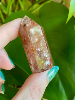 Dreamcoat Lemurian Generator - Polished Brazilian Tower Crystal from Curious Muse Crystals Tagged with clear, clear brazil quartz, dreamcoat lemurian, goethite rutile, hematite amethyst, hide-notify-btn, lemurian, lemurian generator, lemurian seed, polished, purple, red, secondary growth, super seven, synergy seven, tower, yellow