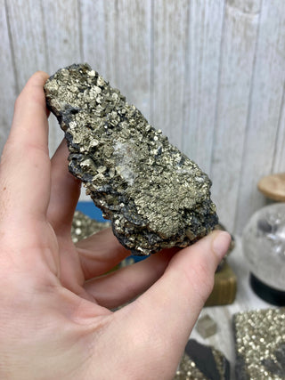 Pyrite on Shungite Raw Layered Plate | Brazil from Curious Muse Crystals Tagged with abundance, black, brazil, cleansing, gold, manifestation, purification, pyrite, shungite