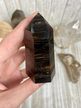 Black Tourmaline Polished Tower | Six Side Wide Base Obe from Curious Muse Crystals Tagged with black, black Tourmaline, brazil, crystal, Crystal tower, protection, schorl, tourmaline, tower