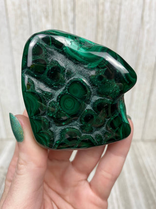 Malachite High Grade Polished Chunk from Curious Muse Crystals Tagged with Copper Stone, Crystal Healing, Dark Green Stone, Genuine Crystal, green, Hearth Chakra, hide-notify-btn, high grade, Malachite, Manifestation, Mineral Collection, Natural Mineral, polished, Raw Mineral