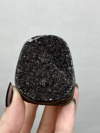 Black Galaxy Amethyst Cut Base | Brazil from Curious Muse Crystals Tagged with amethyst, black, cut base amethyst, extra dark amethyst, goethite amethyst, hematite amethyst, hide-notify-btn, purple, raw, unique amethyst
