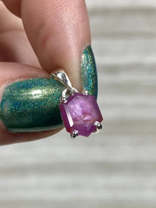 Ruby Facet in Sterling Silver Pendant from Curious Muse Crystals Tagged with asterism, corundum, crystal healing, Crystal Jewelry, energy work, hide-notify-btn, pink, red, ruby, Sterling, sterling silver