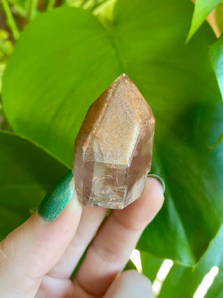 Dreamcoat Lemurian Generator - Polished Brazilian Tower Crystal from Curious Muse Crystals Tagged with clear, clear brazil quartz, dreamcoat lemurian, goethite rutile, hematite amethyst, hide-notify-btn, lemurian, lemurian generator, lemurian seed, polished, purple, red, secondary growth, super seven, synergy seven, tower, yellow