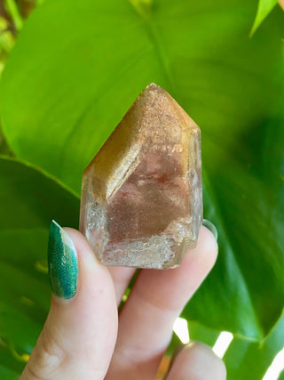 Dreamcoat Lemurian Generator - Polished Brazilian Tower Crystal from Curious Muse Crystals Tagged with clear, clear brazil quartz, dreamcoat lemurian, goethite rutile, hematite amethyst, hide-notify-btn, lemurian, lemurian generator, lemurian seed, polished, purple, red, secondary growth, super seven, synergy seven, tower, yellow