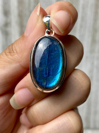 Blue Flash Labradorite in Sterling Silver Pendant from Curious Muse Crystals Tagged with big crystal necklace, blue, blue crystal jewelry, blue labradorite, crystal energy, Crystal Jewelry, full flash lab, Labradorite, Pendant, reiki healing, silver crystal jewel, Sterling, sterling silver