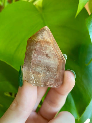 Dreamcoat Lemurian Generator - Polished Brazilian Tower Crystal from Curious Muse Crystals Tagged with clear, clear brazil quartz, dreamcoat lemurian, goethite rutile, hematite amethyst, hide-notify-btn, lemurian, lemurian generator, lemurian seed, polished, purple, red, secondary growth, super seven, synergy seven, tower, yellow