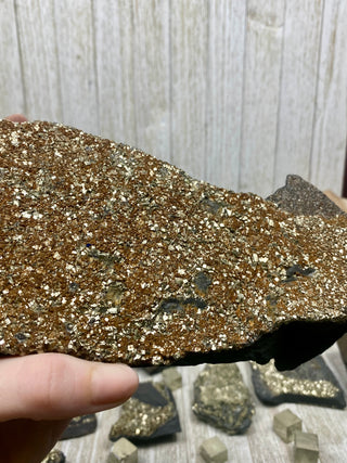 Pyrite on Shungite Raw Layered Plate | Brazil from Curious Muse Crystals Tagged with abundance, black, brazil, cleansing, gold, manifestation, purification, pyrite, shungite