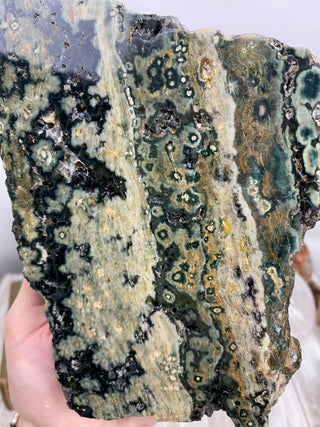 Ocean Jasper Slab from Curious Muse Crystals Tagged with Crystal healing, drusy pocket, hide-notify-btn, jasper, Madagascar mineral, mineral collection, natural mineral, ocean jasper, Orbicular jasper, peace and calming, purple, reiki healing, slab, white