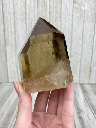 Citrine Tower from Brazil with Green Tourmaline | Polished Crystal Obelisk from Curious Muse Crystals Tagged with brazil, citrine, Crystal healing, genuine crystal, natural citrine, solar plexus chakra, tower, yellow