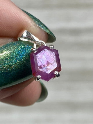 Ruby Facet in Sterling Silver Pendant from Curious Muse Crystals Tagged with asterism, corundum, crystal healing, Crystal Jewelry, energy work, hide-notify-btn, pink, red, ruby, Sterling, sterling silver