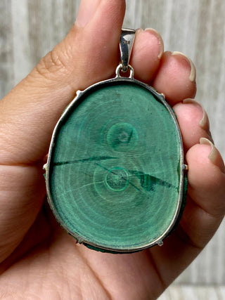 Malachite Slice in Sterling Silver Pendant from Curious Muse Crystals Tagged with copper malachite, green, hide-notify-btn, malachite, necklace, Pendant, sterling silver
