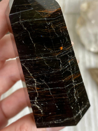 Black Tourmaline Polished Tower | Six Side Wide Base Obe from Curious Muse Crystals Tagged with black, black Tourmaline, brazil, crystal, Crystal tower, protection, schorl, tourmaline, tower