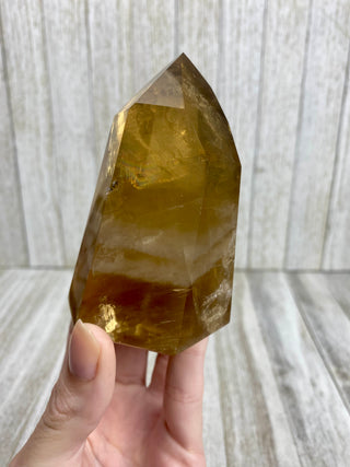 Citrine Tower from Brazil with Rainbows | Polished Crystal Obelisk from Curious Muse Crystals Tagged with brazil, citrine, Crystal healing, genuine crystal, natural citrine, solar plexus chakra, tower, yellow