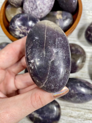 Lepidolite with Citrine Palm Stone from Curious Muse Crystals Tagged with carving, citrine, crystal, lepidolite, palm stone, palmstone, polished, purple