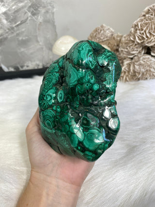 Malachite Polished Large Chunk from Curious Muse Crystals Tagged with copper stone, Crystal healing, dark green stone, genuine crystal, green, hearth chakra, malachite, malachite polished, manifestation, mineral collection, natural mineral, polished, prosperity wealth, reiki healing, tumbled stone