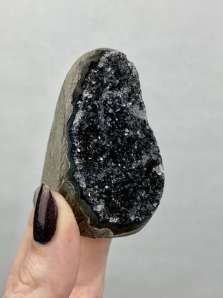 Black Galaxy Amethyst Cut Base | Brazil from Curious Muse Crystals Tagged with amethyst, black, cut base amethyst, extra dark amethyst, goethite amethyst, hematite amethyst, purple, unique amethyst