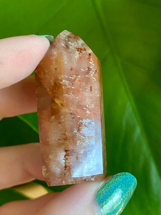 Dreamcoat Lemurian Generator - Polished Brazilian Tower Crystal from Curious Muse Crystals Tagged with clear, clear brazil quartz, dreamcoat lemurian, goethite rutile, hematite amethyst, hide-notify-btn, lemurian, lemurian generator, lemurian seed, polished, purple, red, secondary growth, super seven, synergy seven, tower, yellow