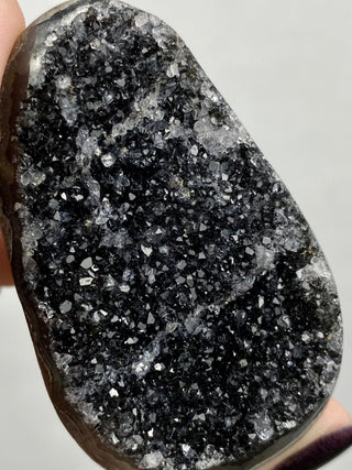 Black Galaxy Amethyst Cut Base | Brazil from Curious Muse Crystals Tagged with amethyst, black, cut base amethyst, extra dark amethyst, goethite amethyst, hematite amethyst, hide-notify-btn, purple, raw, unique amethyst