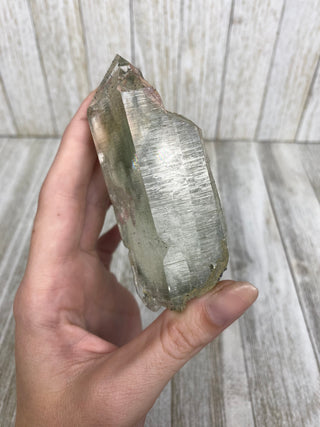 Nirvana Quartz with Green Chlorite Double Terminated Point | High-Altitude Himalayan Crystal from Curious Muse Crystals Tagged with chlorite inclusion, clear, green, green Quartz, hand mined crystal, hide-notify-btn, high altitude quartz, High vibration stone, Himalayan Quartz, manifesting Quartz, Nirvana Quartz