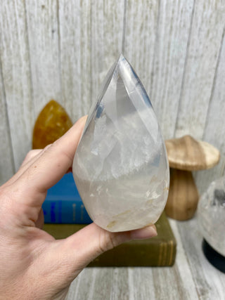 Girasol Quartz Flame | Smoky Gray Layering from Curious Muse Crystals Tagged with brazil, carving, clear, clear quartz, crystal, flame, girasol, hide-notify-btn, pink, polished, quartz, tower