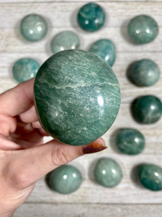 Amazonite Palm Stone from Curious Muse Crystals Tagged with amazonite, blue, carving, crystal, green, palm stone, palmstone, polished