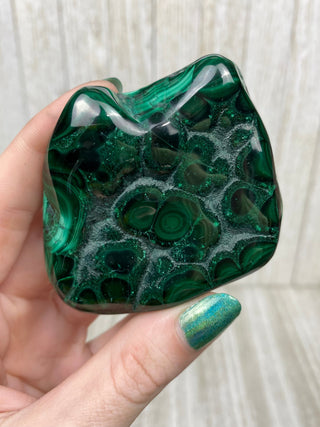 Malachite High Grade Polished Chunk from Curious Muse Crystals Tagged with Copper Stone, Crystal Healing, Dark Green Stone, Genuine Crystal, green, Hearth Chakra, hide-notify-btn, high grade, Malachite, Manifestation, Mineral Collection, Natural Mineral, polished, Raw Mineral