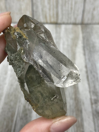 Nirvana Quartz with Green Chlorite Cluster | High-Altitude Himalayan Crystal from Curious Muse Crystals Tagged with chlorite inclusion, clear, green, green Quartz, hand mined crystal, hide-notify-btn, high altitude quartz, High vibration stone, Himalayan Quartz, manifesting Quartz, Nirvana Quartz