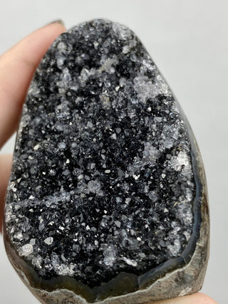 Black Galaxy Amethyst Cut Base | Brazil from Curious Muse Crystals Tagged with amethyst, black, cut base amethyst, extra dark amethyst, goethite amethyst, hematite amethyst, hide-notify-btn, purple, raw, unique amethyst
