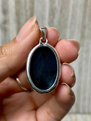 Blue Flash Labradorite in Sterling Silver Pendant from Curious Muse Crystals Tagged with big crystal necklace, blue, blue crystal jewelry, blue labradorite, crystal energy, Crystal Jewelry, full flash lab, Labradorite, Pendant, reiki healing, silver crystal jewel, Sterling, sterling silver