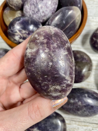 Lepidolite with Citrine Palm Stone from Curious Muse Crystals Tagged with carving, citrine, crystal, lepidolite, palm stone, palmstone, polished, purple