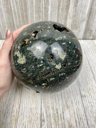 Green Ocean Jasper Sphere XL with Raw Pockets | Madagascar from Curious Muse Crystals Tagged with carving, crystal sphere, green, jasper, ocean jasper, Orbicular jasper, polished, sphere